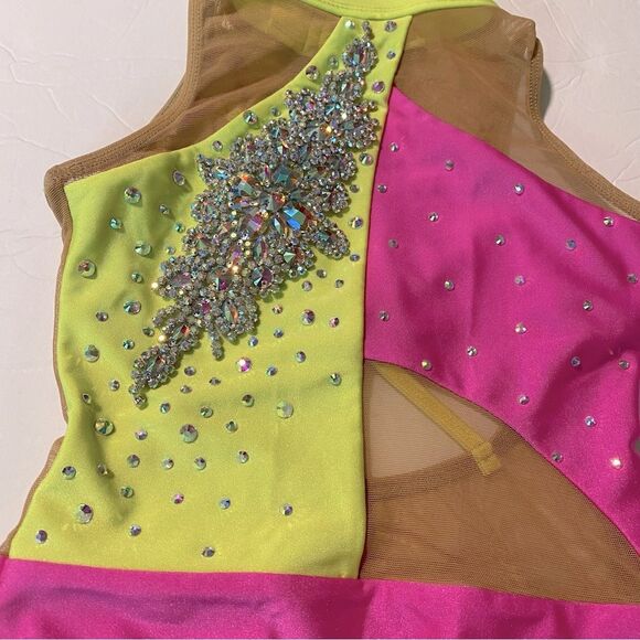 Patrick J dance custom Solo neon pink yellow gravity leotard bedazzled LC child - Picture 5 of 9